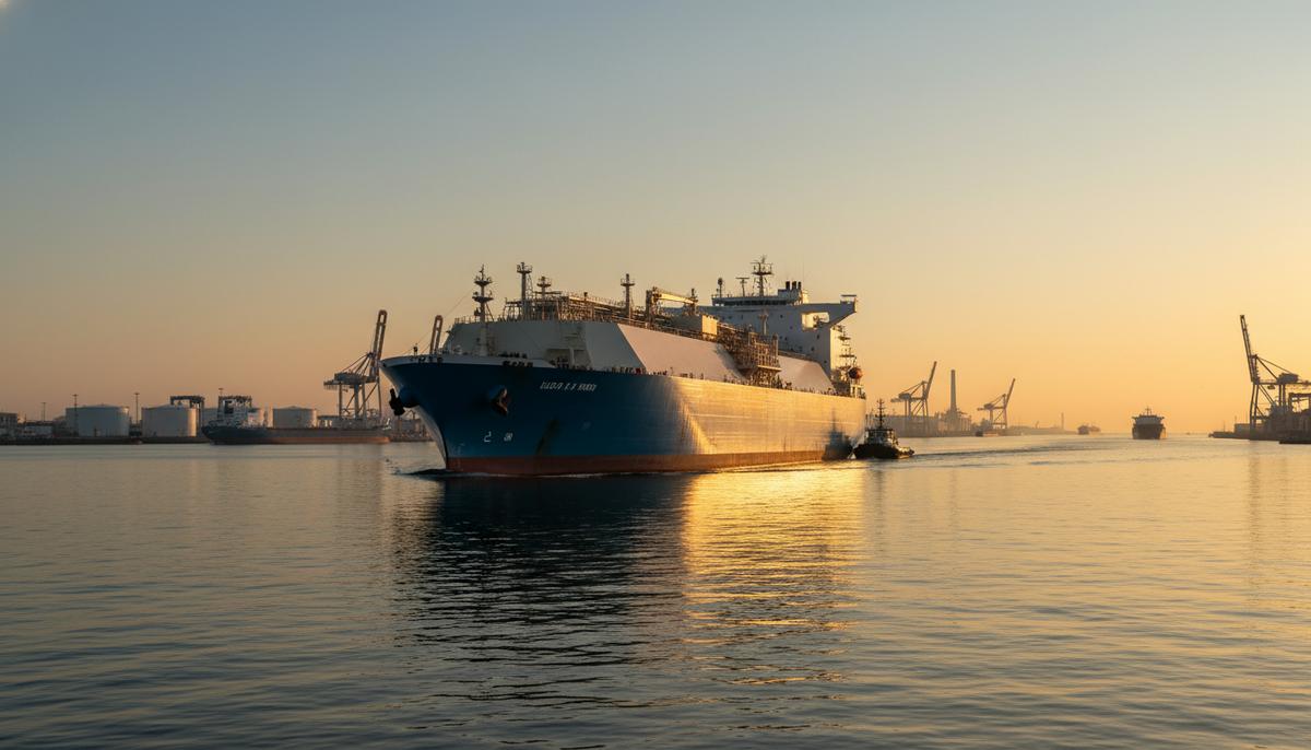 Большой танкер для перевозки сжиженного природного газа (СПГ) в морском порту Европы на фоне промышленной инфраструктуры.