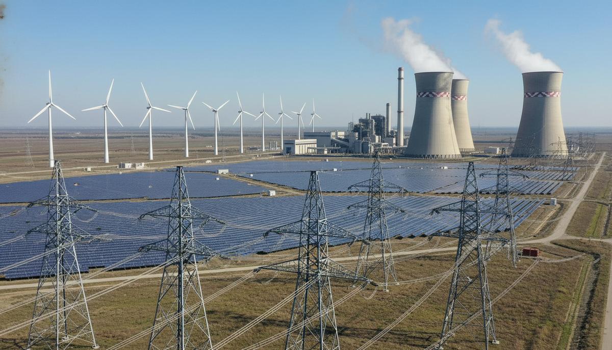 Современный энергетический комплекс с ветряными турбинами, солнечными панелями и тепловой электростанцией. На переднем плане – линии электропередач.
