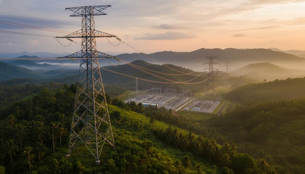 Магистральная линия электропередачи 500 кВ с опорами, проходящая через зеленые горы Юго-Восточной Азии к электроподстанциям.