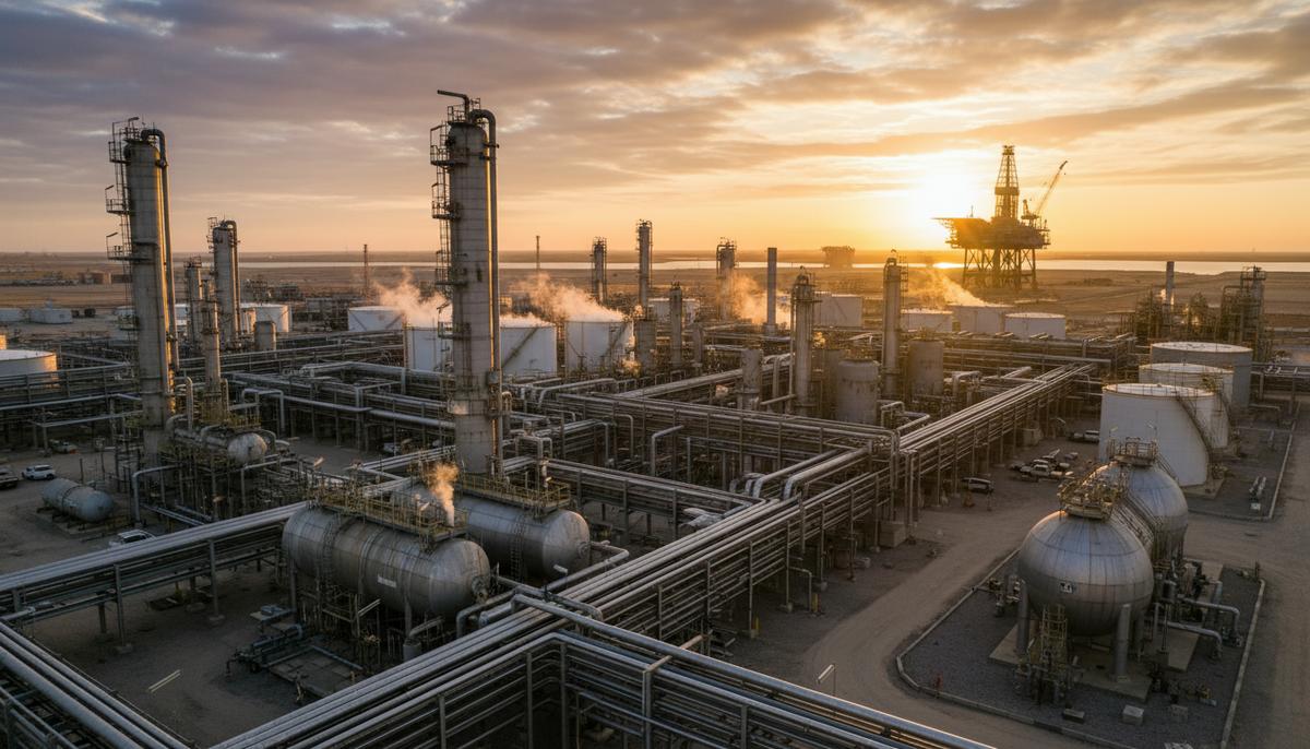 Панорамный вид на крупный нефтегазовый комплекс с множеством труб, резервуаров и промышленных сооружений, на фоне рассвета или заката.