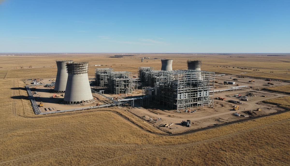 Строящаяся газовая электростанция с крупными промышленными сооружениями и трубопроводами на фоне широкого ландшафта Северной Дакоты.