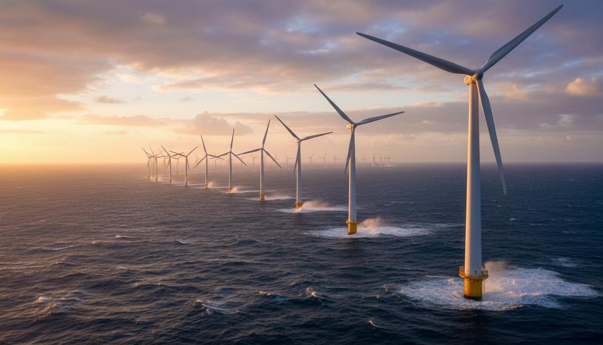 Морской ветропарк с множеством ветряных турбин в океане у побережья Австралии на рассвете.