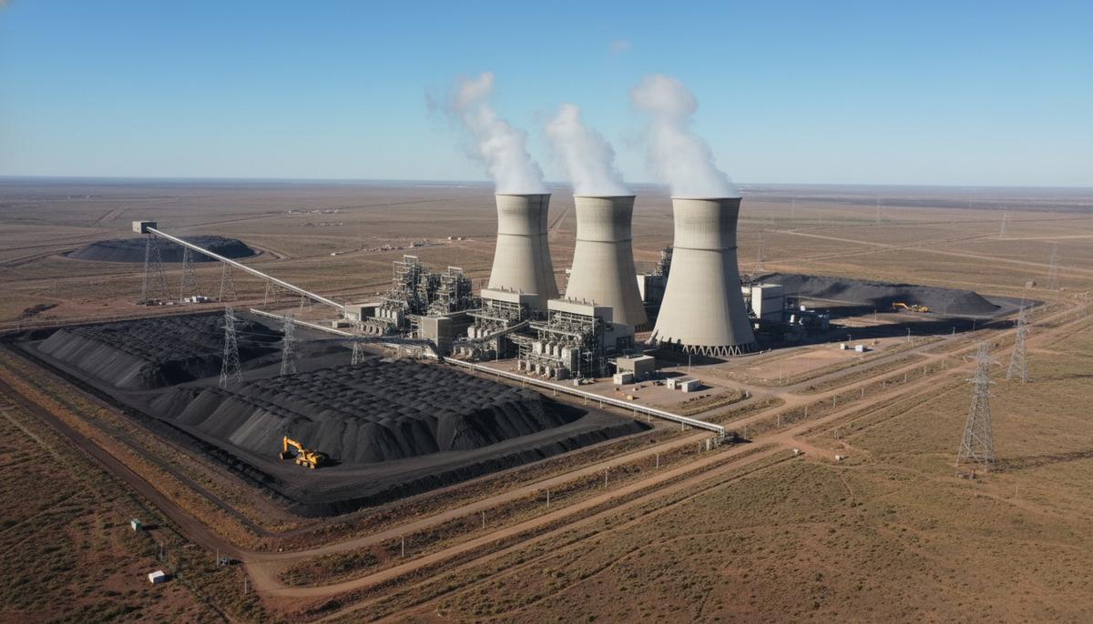 Современная угольная электростанция с высокими градирнями, промышленными постройками и угольными складами на фоне обширного ландшафта.