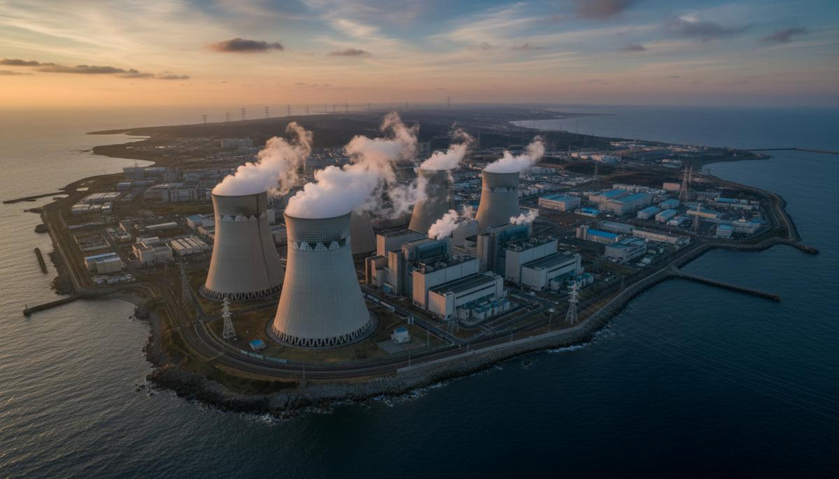 Панорама атомной электростанции Касивадзаки-Карива с высокими цилиндрическими зданиями реакторов, массивными градирнями, выпускающими пар, и прибрежной инфраструктурой.