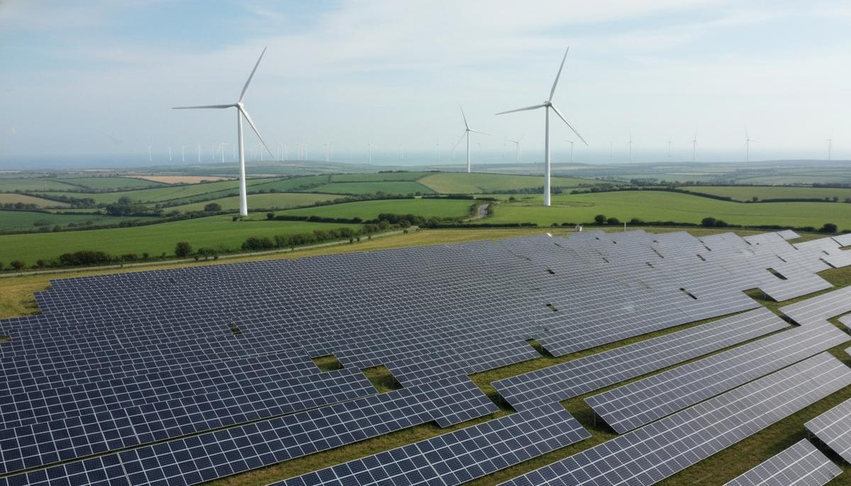 Масштабная солнечная электростанция, береговые ветряные турбины на холмах и морская ветроэнергетическая ферма на горизонте в Великобритании.
