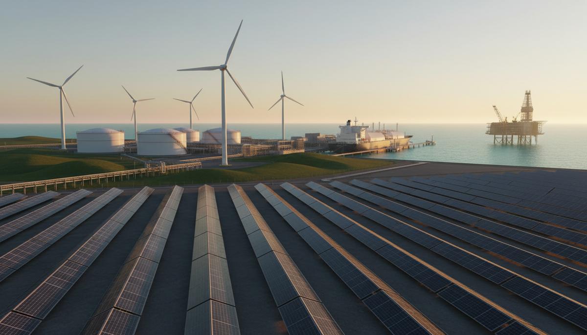 Энергетический ландшафт с солнечными панелями, ветряными турбинами, терминалом СПГ, нефтедобывающей платформой на рассвете.