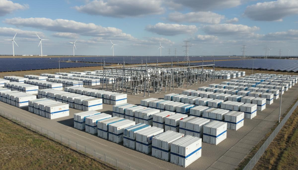 Восточная Европа: Hithium и KNESS Group поставят 2 ГВт·ч накопителей энергии Крупная система накопления энергии из контейнерных блоков на промышленной площадке, с ЛЭП и подстанцией на фоне.