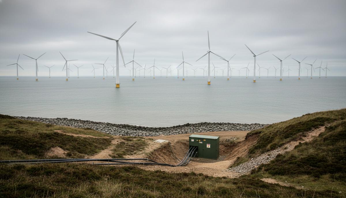 Морская ветроэлектростанция с множеством турбин в Северном море. На переднем плане – береговая линия восточной Англии с местом выхода кабеля.
