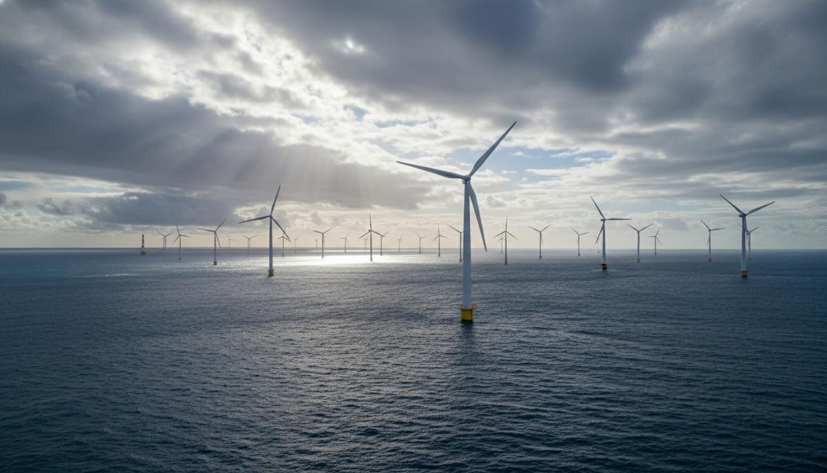 Морская ветроэлектростанция у побережья Западной Австралии. Десятки ветряных турбин в океане на фоне облачного неба и бликов солнца.