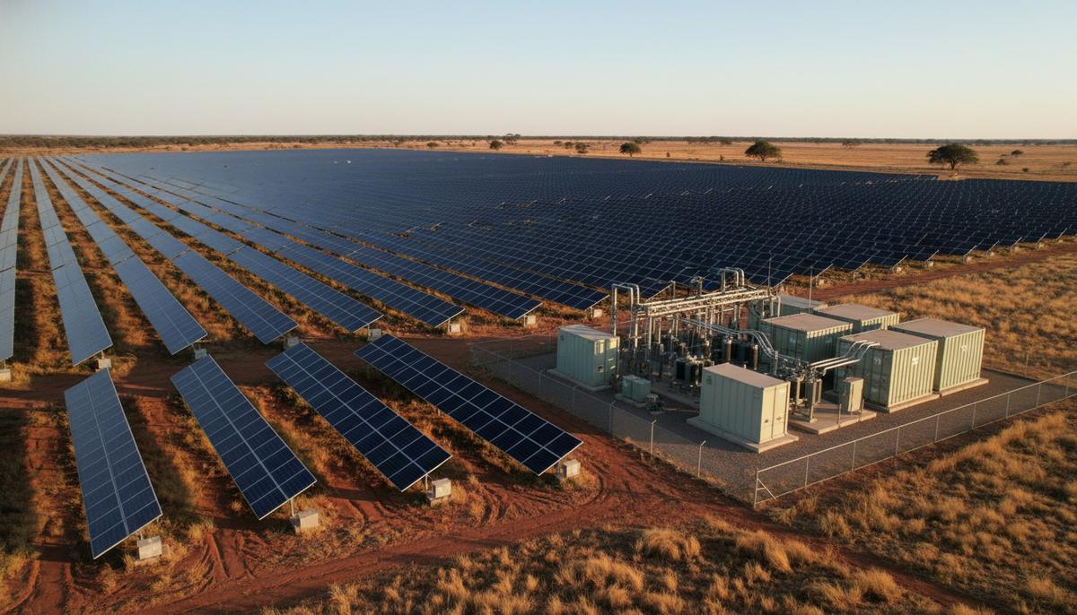 Крупный солнечный парк с рядами панелей и современная система накопления энергии на фоне полузасушливого пейзажа ЮАР.