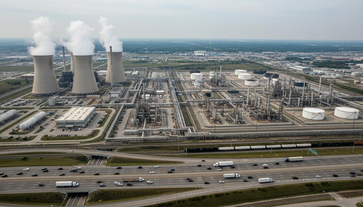 Вид с высоты на крупный энергетический комплекс в США, включающий электростанцию с градирнями, нефтеперерабатывающий завод и оживленную автомагистраль с транспортом.