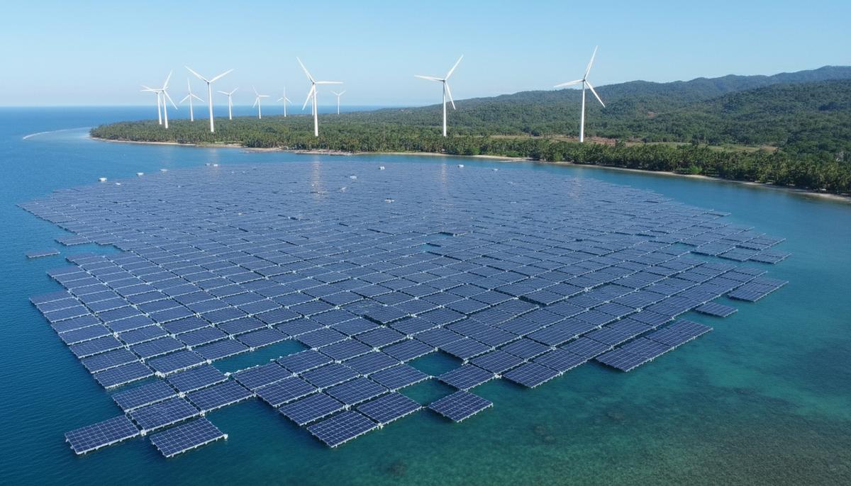 Плавучая солнечная электростанция на воде и береговые ветряные турбины, расположенные вдоль тропического побережья Филиппин.