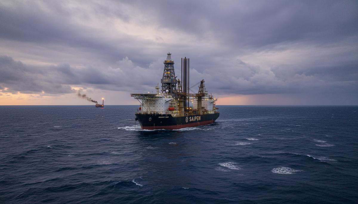 Плавучая буровая установка Saipem 12000 работает в глубоководных морских водах у побережья Анголы, на фоне бескрайнего океана.