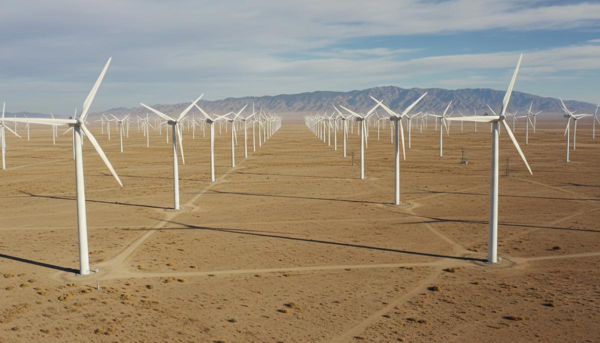 Масштабный ветропарк с множеством высоких ветряных турбин на фоне засушливого ландшафта Сирии под ясным небом.