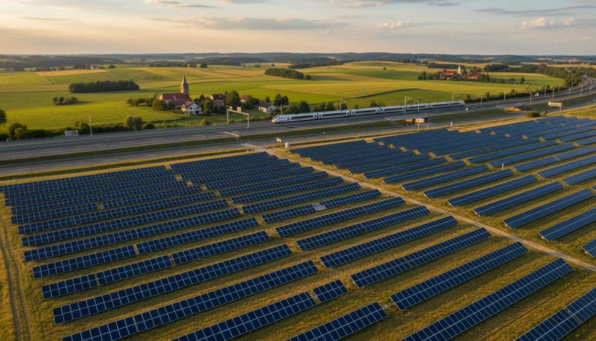 Ряды солнечных панелей наземной фотовольтаики в сельской местности Германии, с автострадой или железной дорогой на заднем плане.