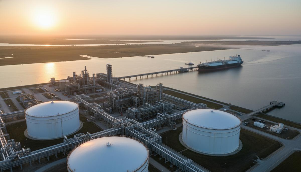 Aramco Trading вступает в долгосрочное соглашение по американскому СПГ Крупный СПГ-терминал с резервуарами и трубопроводами на побережье Луизианы, США. Виден причал и танкер.