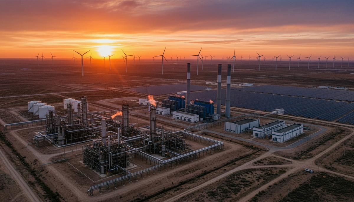 Современный промышленный ландшафт Казахстана: нефтеперерабатывающий завод, газовая электростанция, ветряные турбины, солнечные панели.
