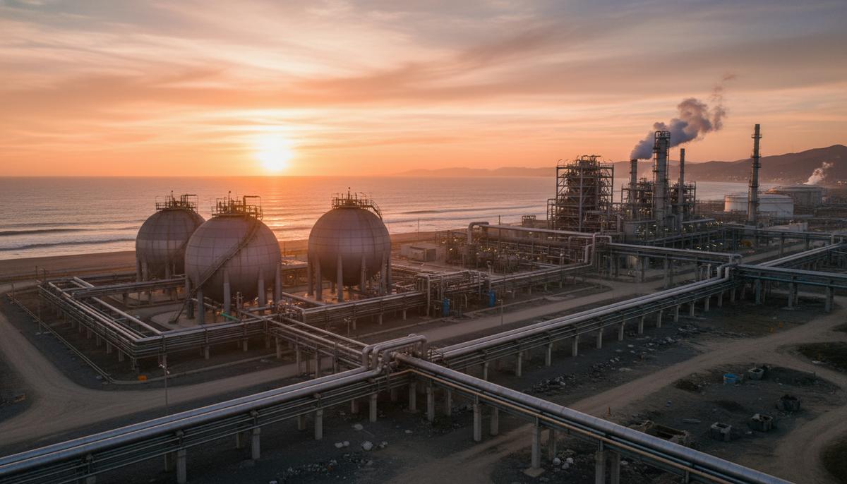 Индустриальный комплекс по производству метанола на побережье Мексики. Видны резервуары, трубопроводы, установки на фоне океана.