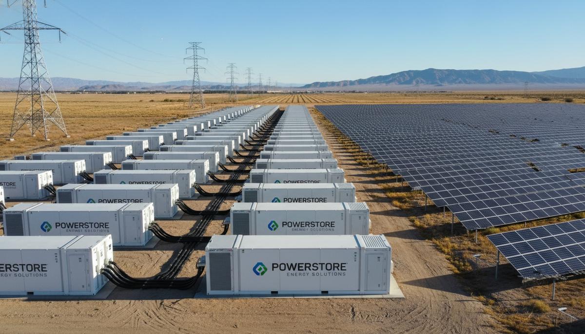 Масштабная фотоэлектрическая электростанция с рядами солнечных панелей и контейнерами системы накопления энергии на фоне пустынного пейзажа.