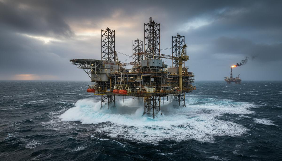 Буровая установка в Северном море, работающая в суровых морских условиях, с отдаленной нефтяной платформой на горизонте.