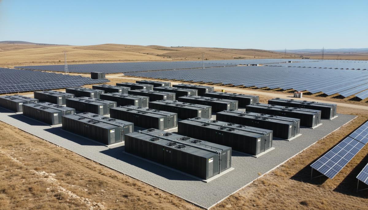 Модули аккумуляторной системы хранения энергии (BESS) рядом с рядами солнечных панелей на обширной равнине, под ясным небом.