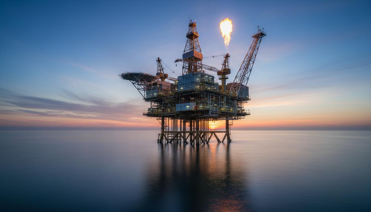 Кот-д'Ивуар: крупное газоконденсатное месторождение усилит энергетический потенциал страны Морская буровая платформа на рассвете над водной гладью океана, символизирующая разработку месторождений нефти и газа.