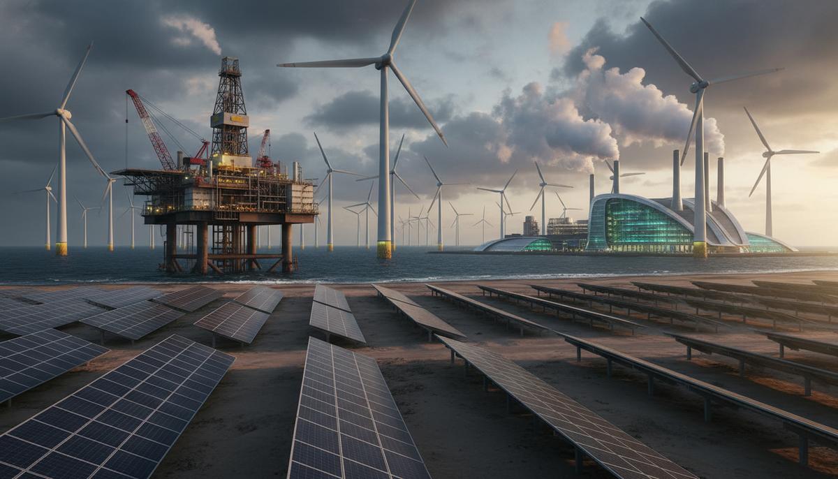 Repsol: рост прибыли в 2025 году и глобальная экспансия в «зеленую» энергетику Комплексный промышленный пейзаж с морской нефтяной платформой, плавучими морскими ветряными турбинами, наземными солнечными панелями и заводом по производству биотоплива.