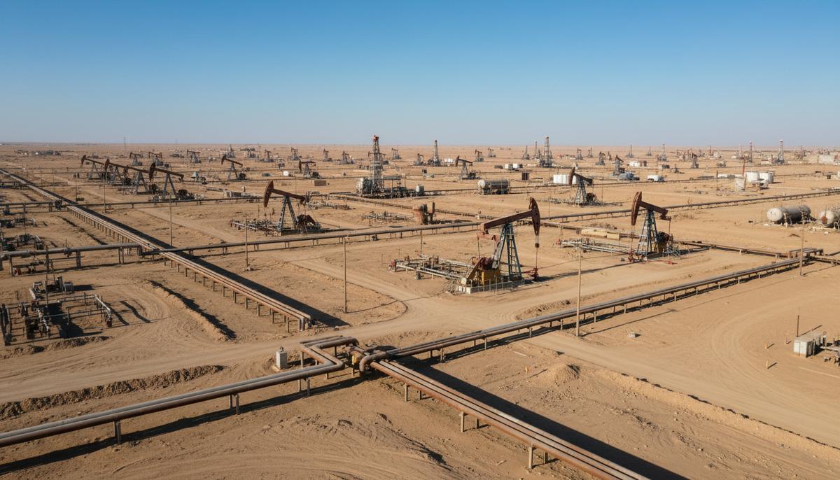 Ирак и «Лукойл» урегулировали передачу месторождения Западная Курна-2 Обширный нефтяной промысел в пустыне с буровыми установками, насосами и трубопроводами под ясным небом, месторождение Западная Курна-2, Ирак.