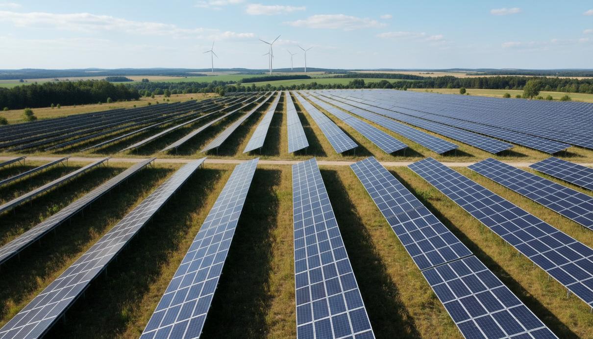 Обширное поле солнечных панелей в сельской местности Польши. На горизонте видны ветряные турбины.