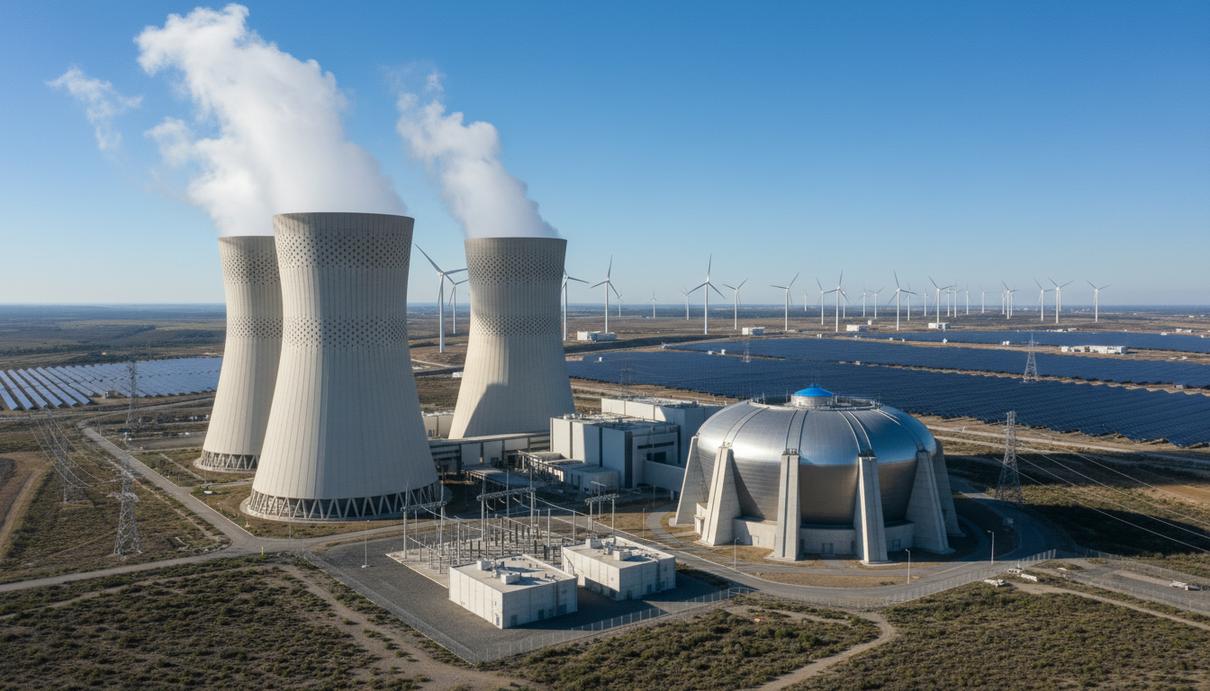 Современная атомная электростанция с градирнями, на заднем плане видны ветрогенераторы и солнечные панели.
