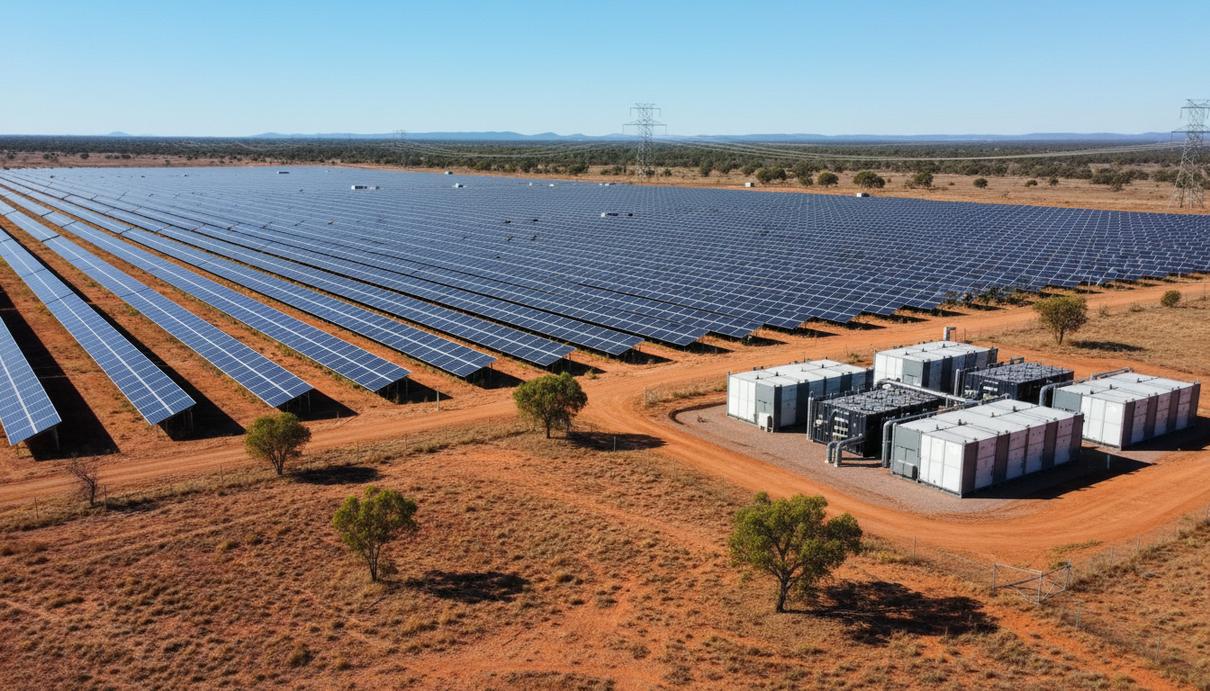 Масштабная солнечная электростанция с рядами фотоэлектрических панелей и блоками накопителей энергии в ландшафте Квинсленда, Австралия.