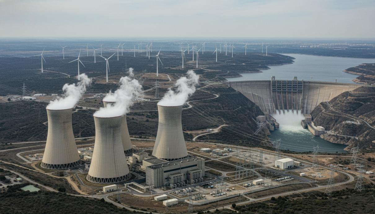 Панорама современного энергетического комплекса: атомная электростанция, ветряные турбины и гидроэлектростанция под пасмурным небом.