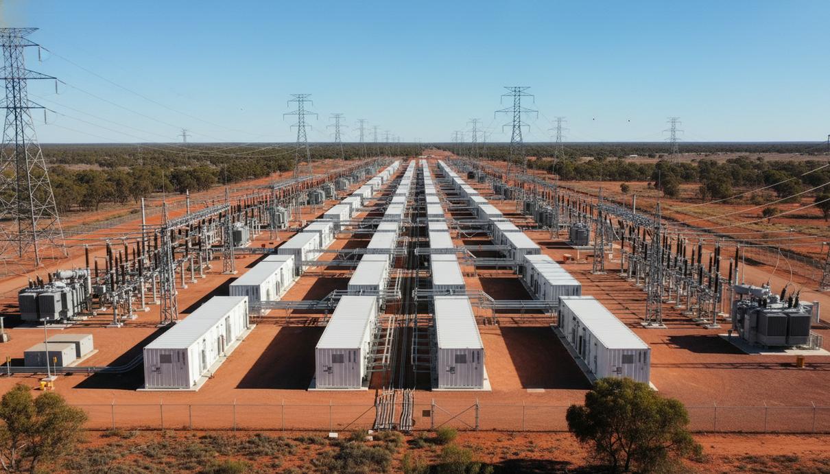 Масштабный комплекс аккумуляторных батарей на индустриальной подстанции в Австралии: ряды контейнеров с накопителями энергии, высоковольтные линии электропередач.