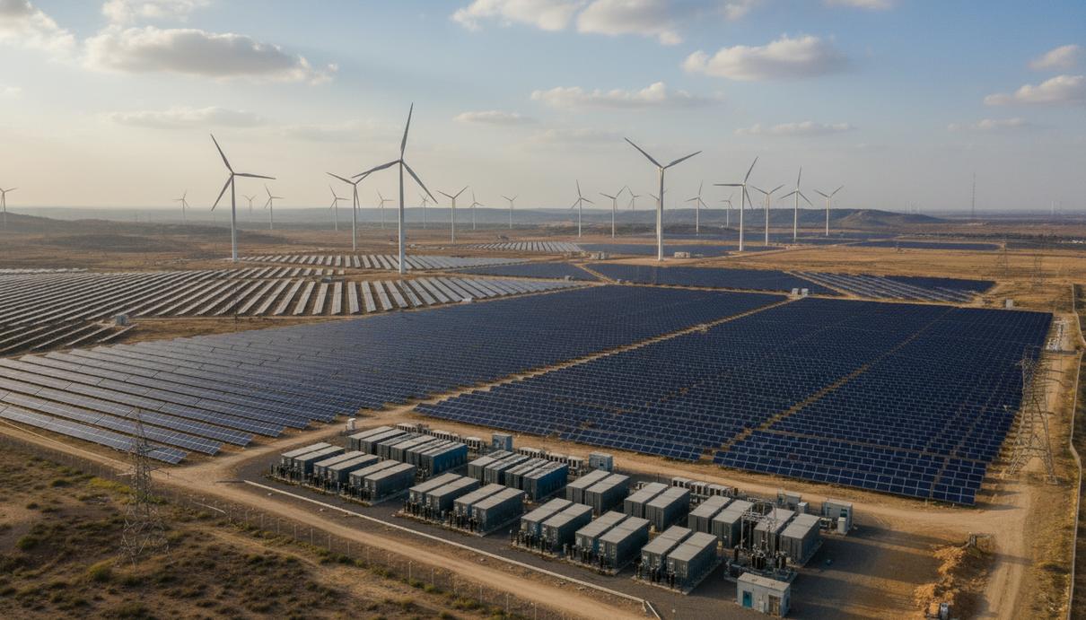 Масштабный комплекс возобновляемой энергетики в Индии: ряды солнечных панелей, ветряные турбины и крупная система накопления энергии на фоне открытого неба.