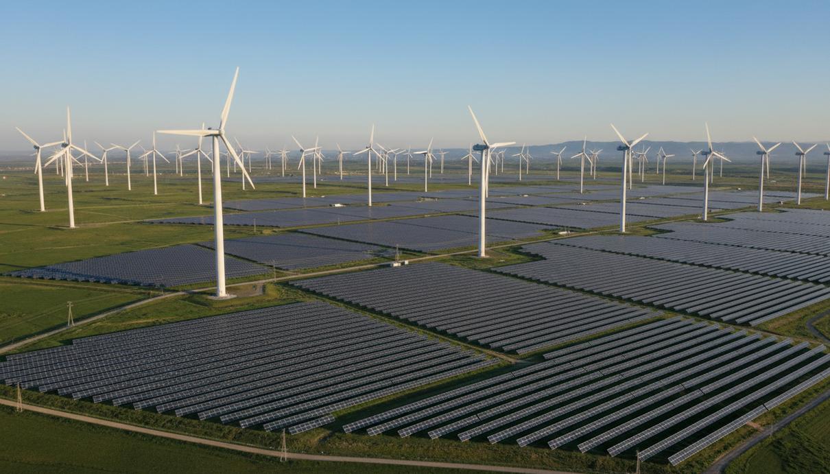 Общий план ветряных турбин и солнечных панелей на обширной равнине, символизирующий развитие возобновляемой энергетики.