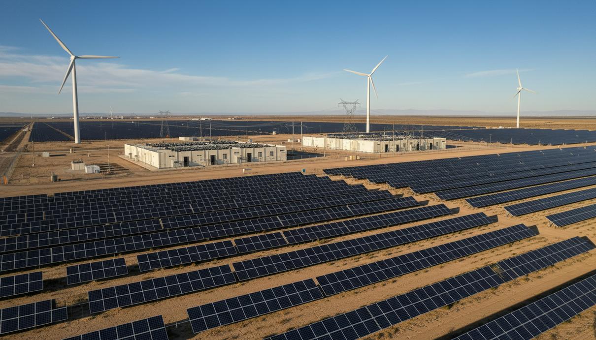 Общий вид на крупную солнечную электростанцию, ряды фотопанелей, объекты для хранения энергии и ветряные турбины на горизонте в США.