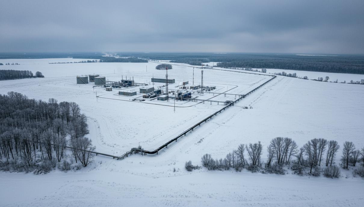 Вид сверху на нефтепровод «Дружба» в зимнем пейзаже Центральной Европы, проходящий через заснеженные поля и леса. Вдалеке виднеются промышленные сооружения трубопровода.