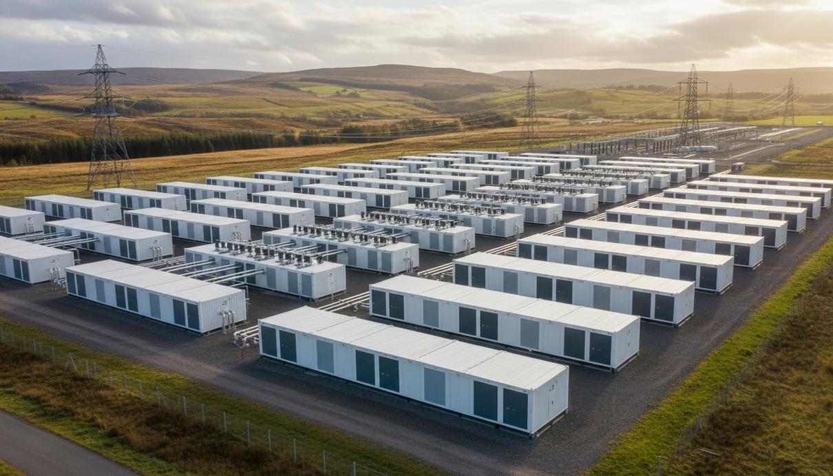 Крупные объекты аккумуляторной системы накопления энергии в промышленной зоне Коулберна, Шотландия.