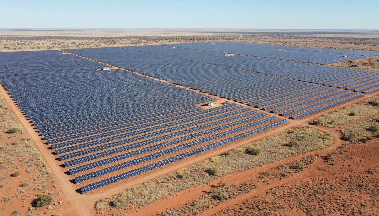 Панорама крупной солнечной электростанции в Австралии: ряды фотоэлектрических панелей на фоне сухого ландшафта и чистого неба.