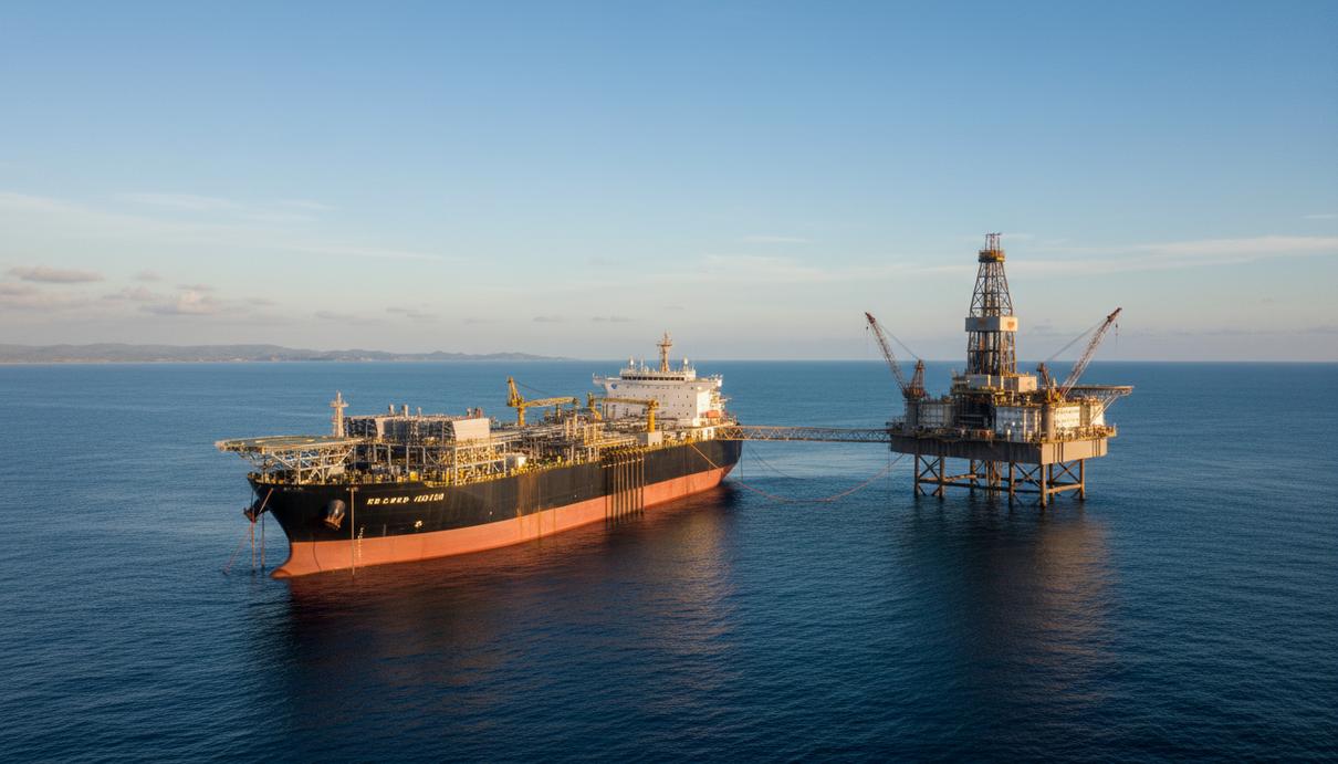 Вид на морскую нефтедобывающую платформу и плавучее судно-хранилище (FPSO) в открытом океане у берегов Анголы.