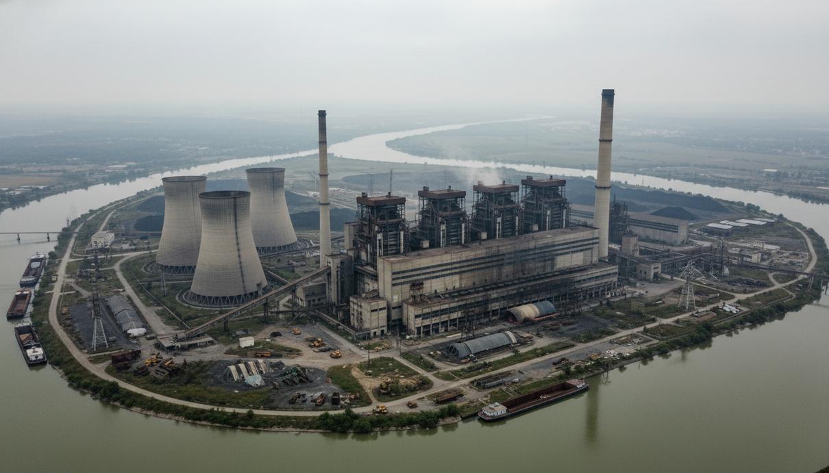 Вид сверху на старую угольную электростанцию с массивными градирнями и дымовыми трубами. Комплекс расположен у воды, индустриальный пейзаж.