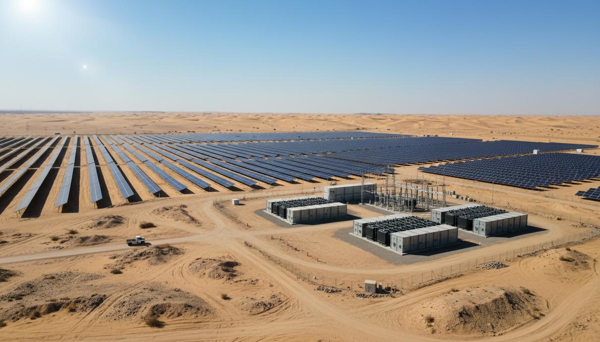 Масштабная солнечная электростанция с рядами фотоэлектрических панелей и блоками накопителей энергии в пустынном ландшафте Египта.