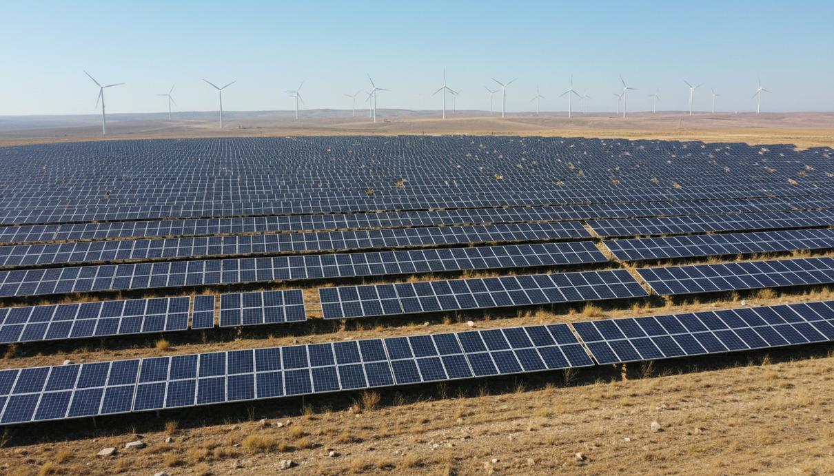 Вид на крупную солнечную электростанцию с рядами фотоэлектрических панелей на равнине, за которой на холмах установлены ветряные турбины. Пейзаж центральной или южной Турции.
