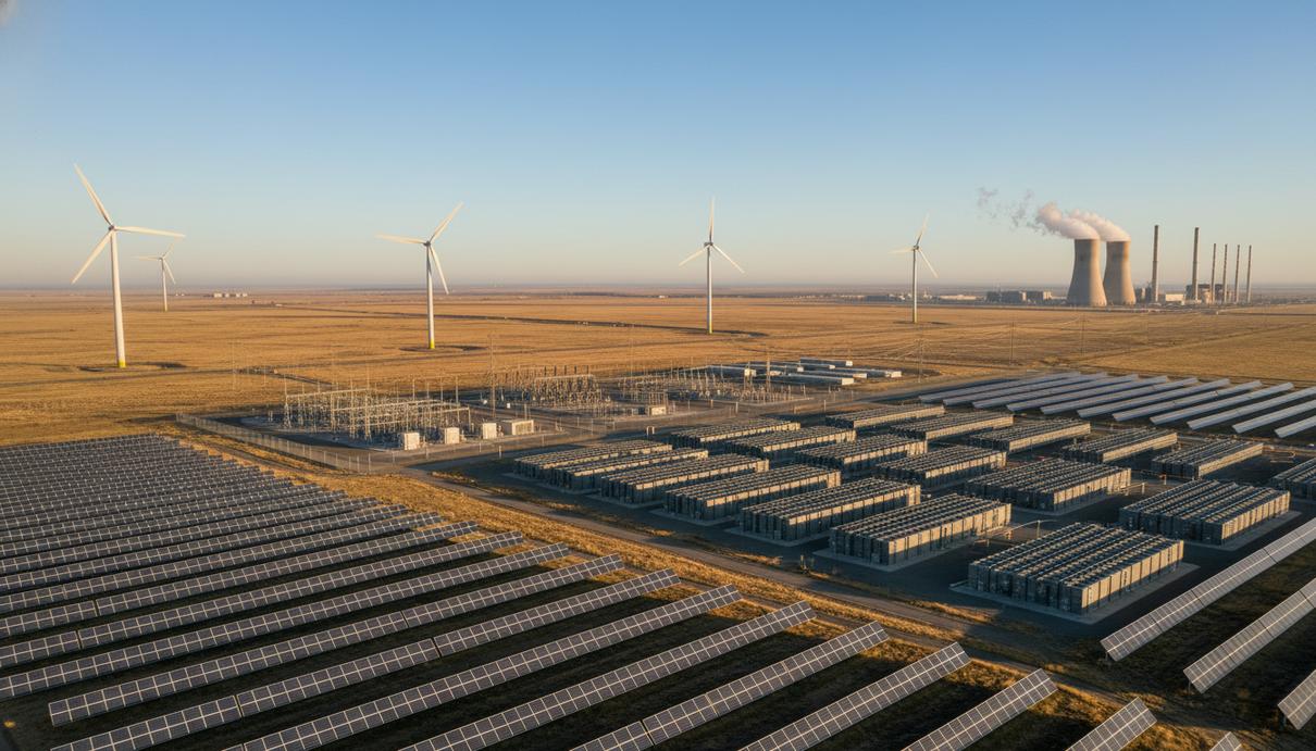 Панорама энергетического комплекса США: ряды солнечных панелей, контейнеры накопителей энергии, ветряные турбины и электростанция на горизонте.