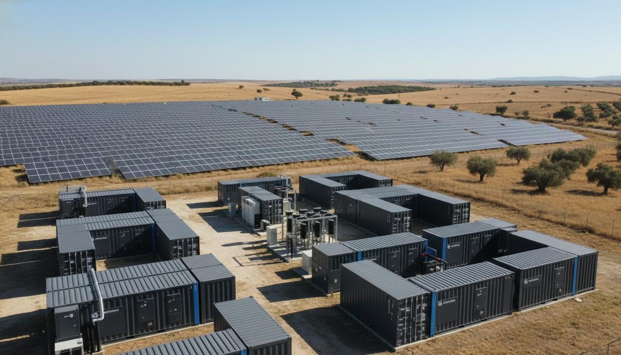Промышленная площадка с контейнерными системами накопления энергии и рядами солнечных панелей на фоне ландшафта сельской Испании.