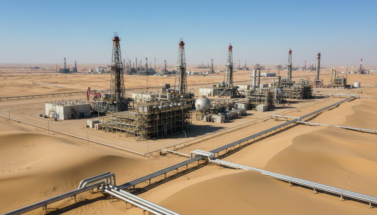 Вид на обширное нефтяное месторождение в пустыне: многочисленные буровые установки, трубопроводы, перерабатывающие сооружения.