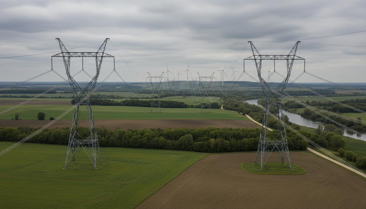 Панорама современной энергосети: высоковольтные линии электропередач и металлические опоры на фоне разнообразного ландшафта. Вдали видны ветряные турбины.