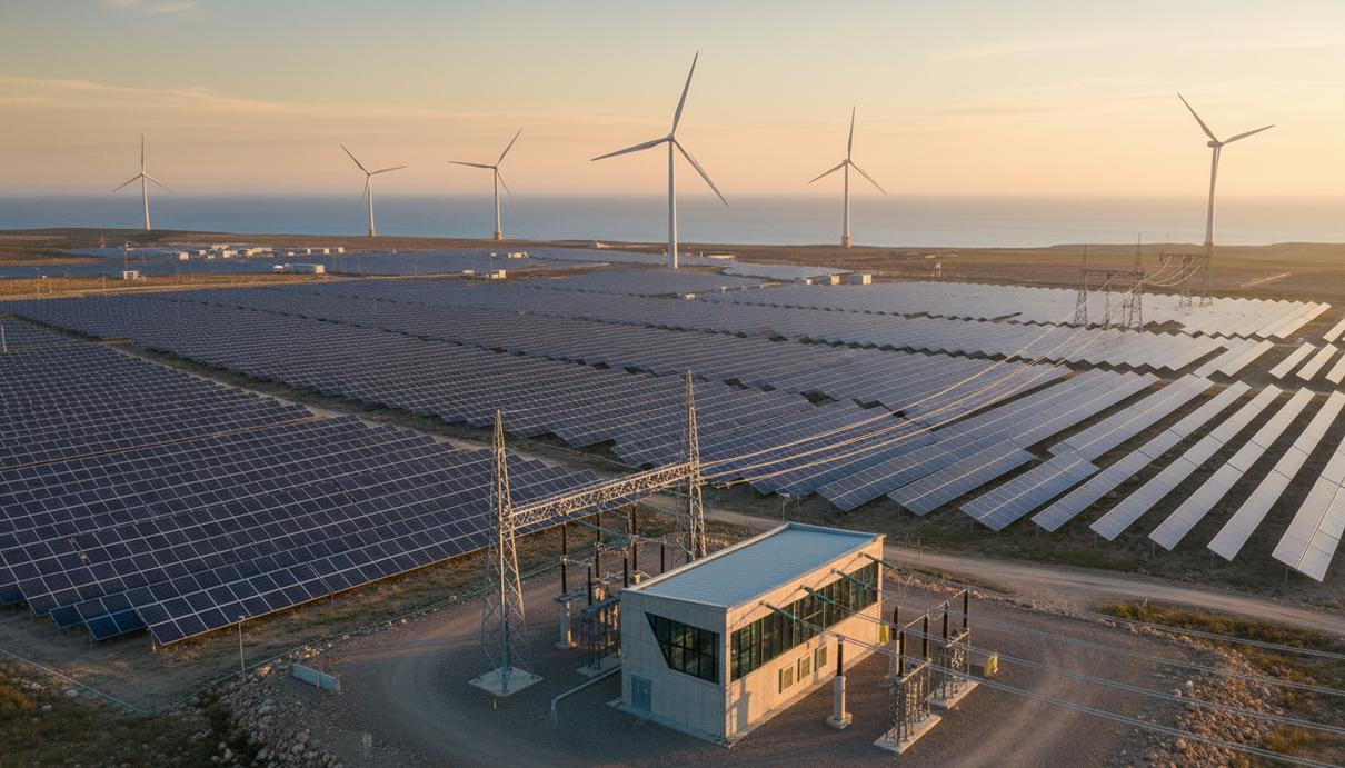 Масштабный комплекс возобновляемой энергетики с рядами солнечных панелей, морскими ветряными турбинами и современной подстанцией на рассвете.