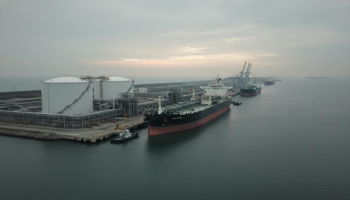 Индустриальный порт на рассвете с пришвартованным крупным нефтяным танкером и СПГ-терминалом с резервуарами.