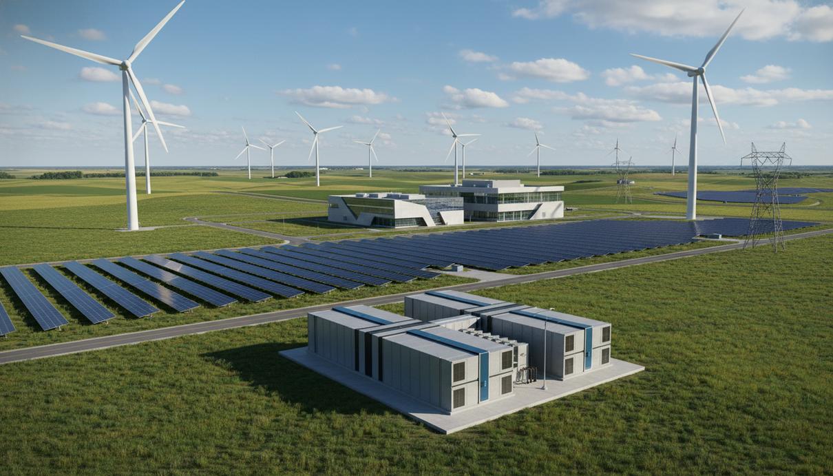 Масштабный комплекс возобновляемой энергетики в сельской местности Миннесоты: ветряные турбины, солнечные панели, здание энергохранилища и дата-центр.